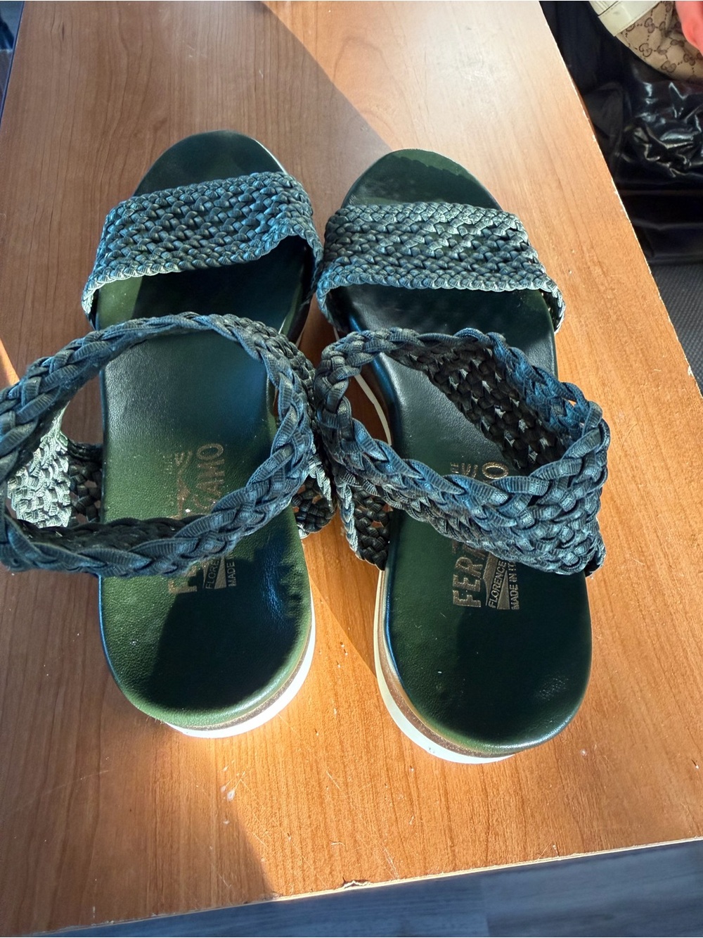 Salvatore Ferragamo Braided Strap Sandals — Dark Green